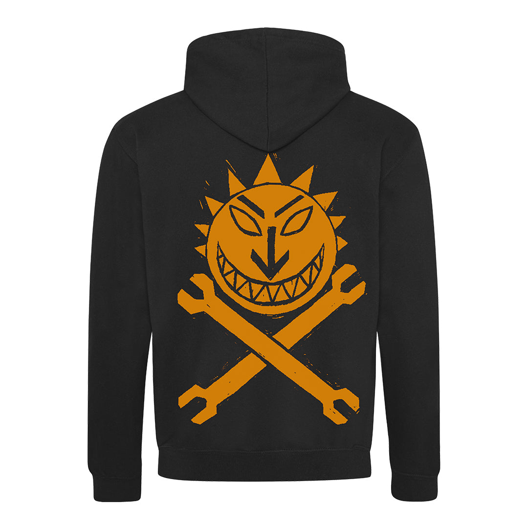 Sun & Spanners Hoodie - Orange on Black - medium only