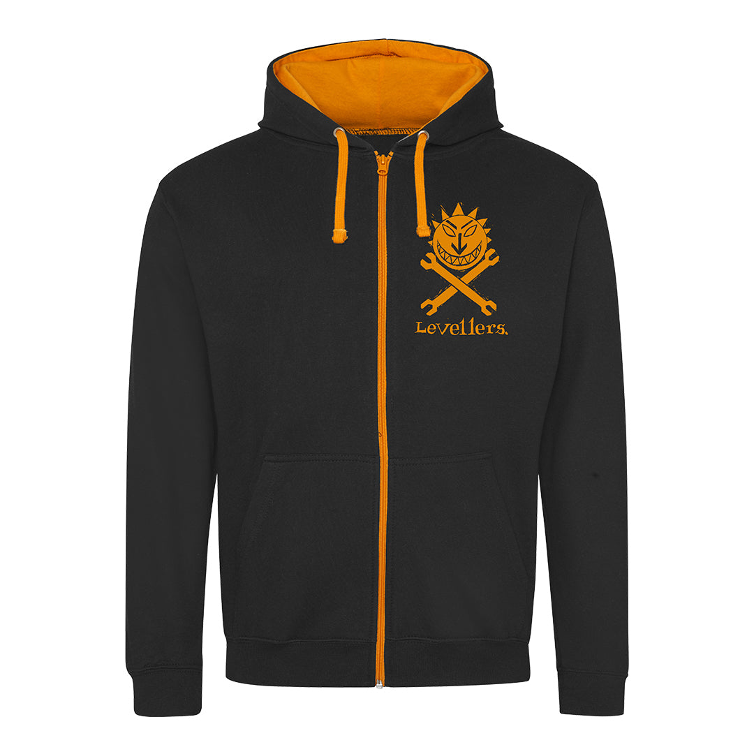 Sun & Spanners Hoodie - Orange on Black - medium only