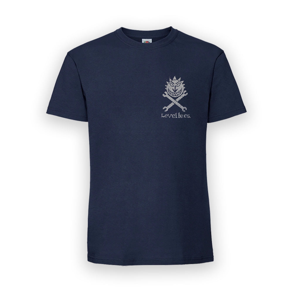 TS - Levellers Sun & Spanners - Metallic Silver Print on dark navy
